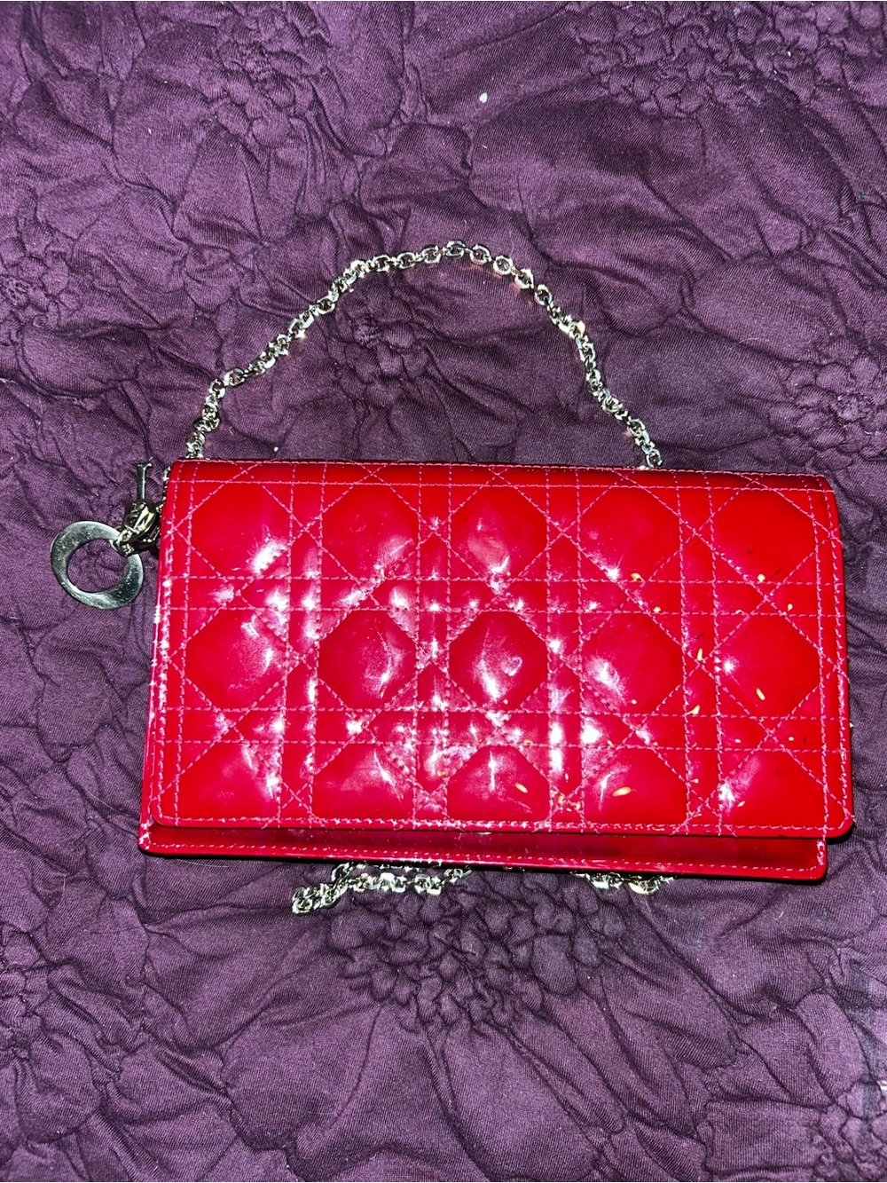 Dior Red Quilted Patent Chain Pouch
